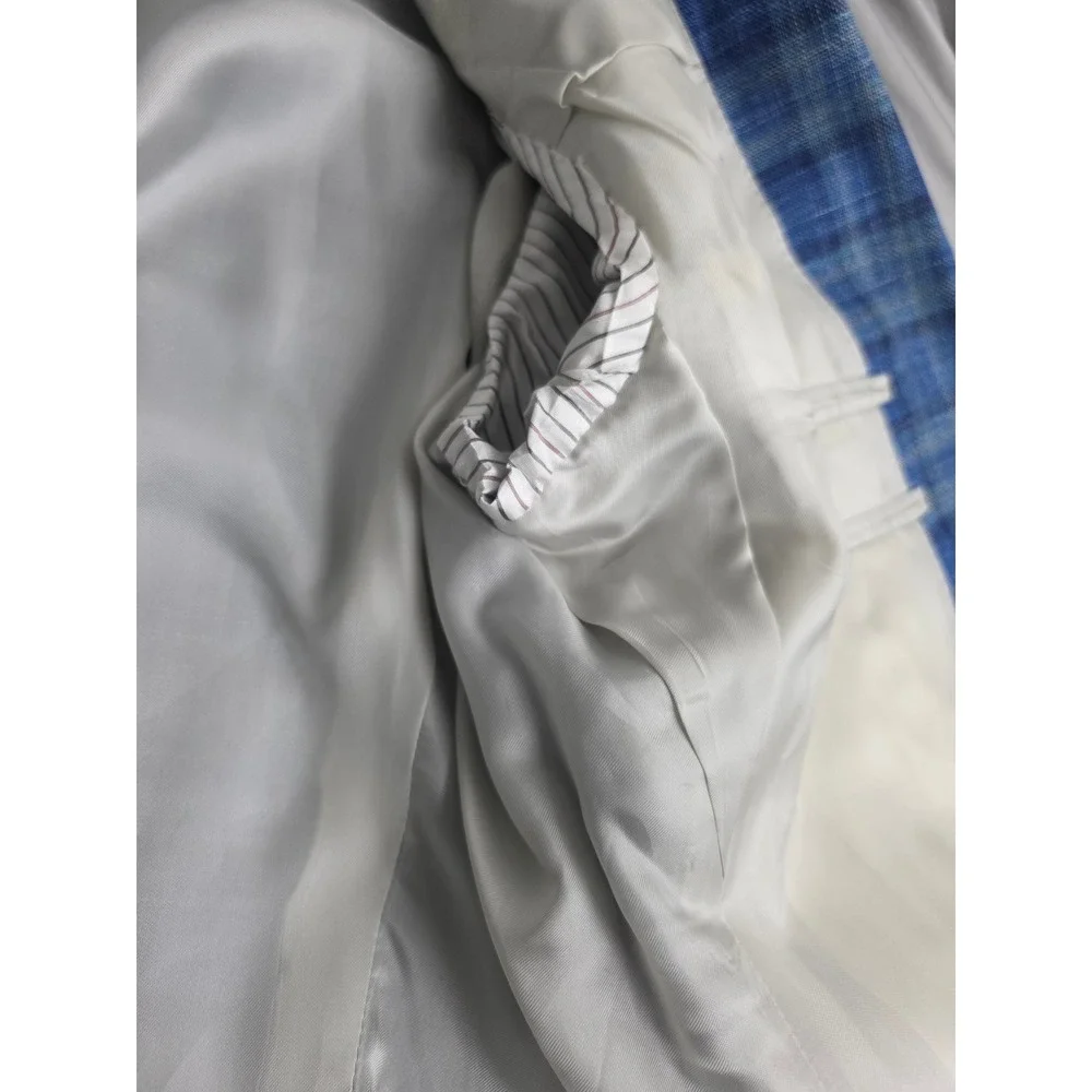 Samuelsohn Mens 50 Long Blue Plaid Wool Silk Linen Sport Coat Carlo Barbera
